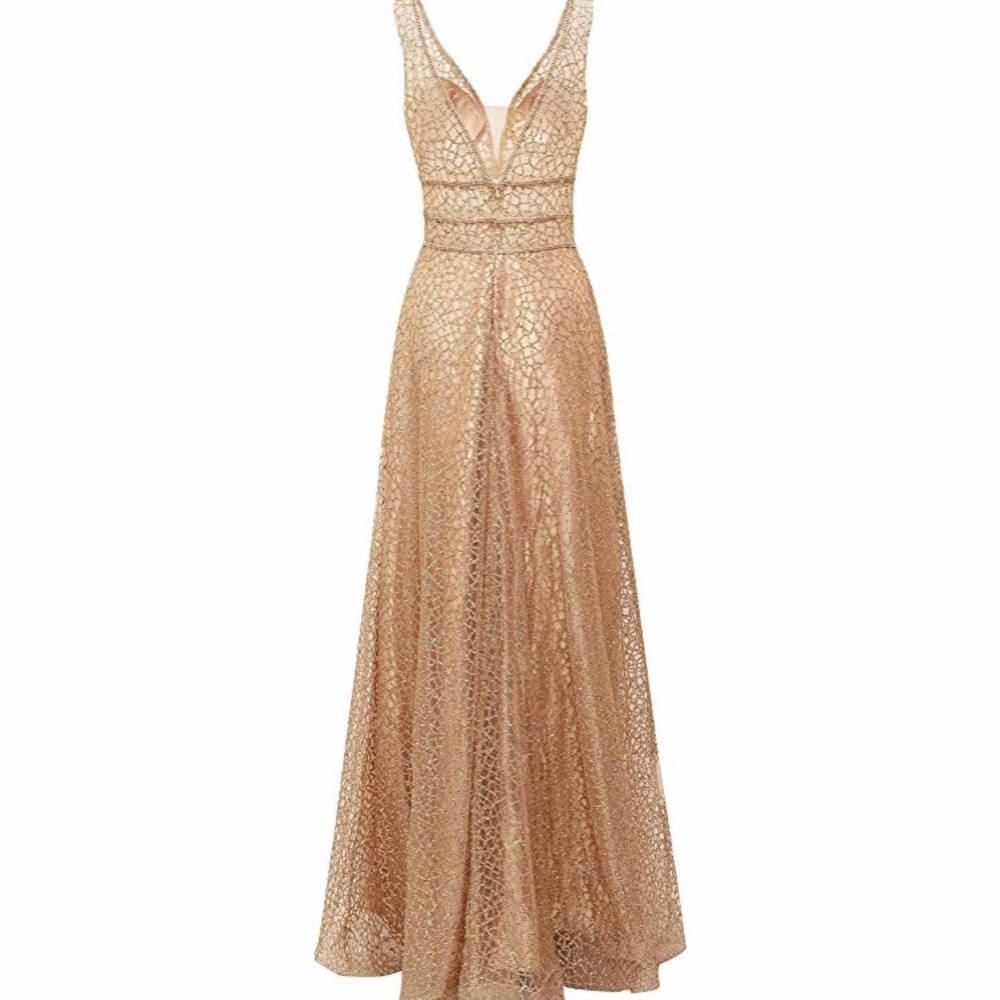 🆕 Women's Glitter Tulle Double V-Neck A-Line Gown - Picture 3 of 5